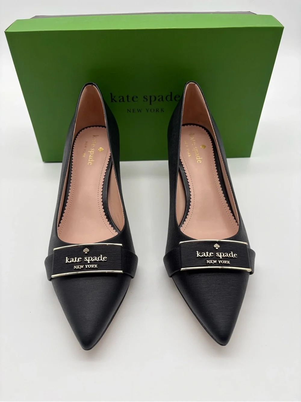 Kate Spade Women Daniella Saffiano Black Leather Pointed Toe Kitten Heels 9B